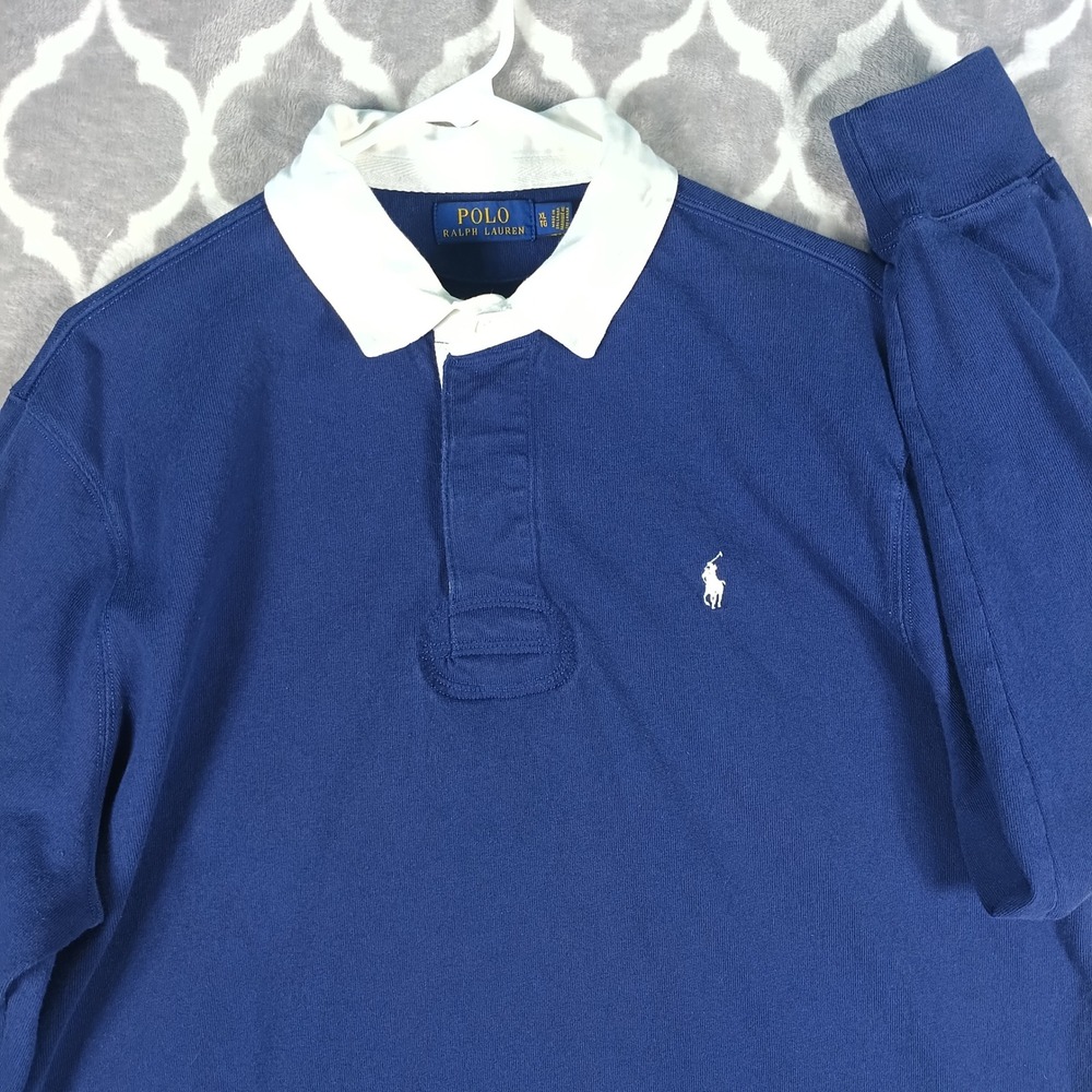 Polo Ralph Lauren Long Sleeve Polo Shirt Men XL Blue Solid White Collar Pony